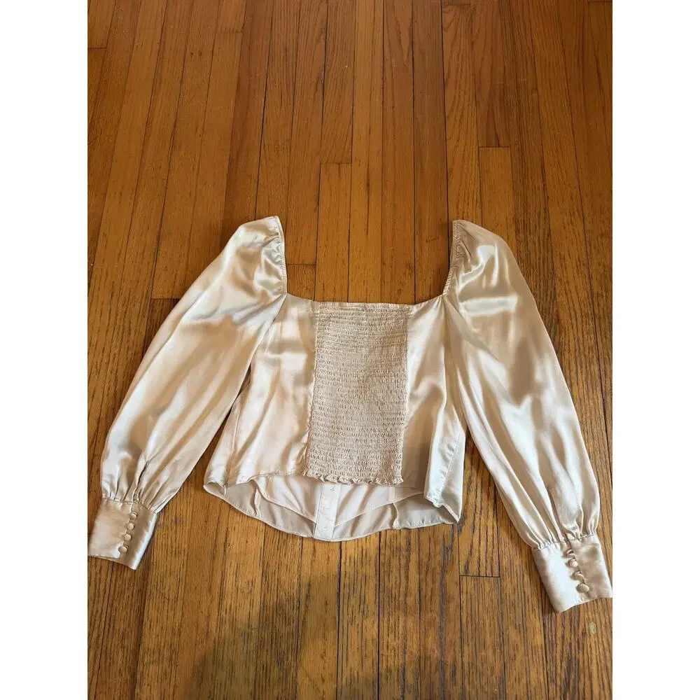 Reformation Womens Blouse sz 12 Beige Silk Puff Sleeve